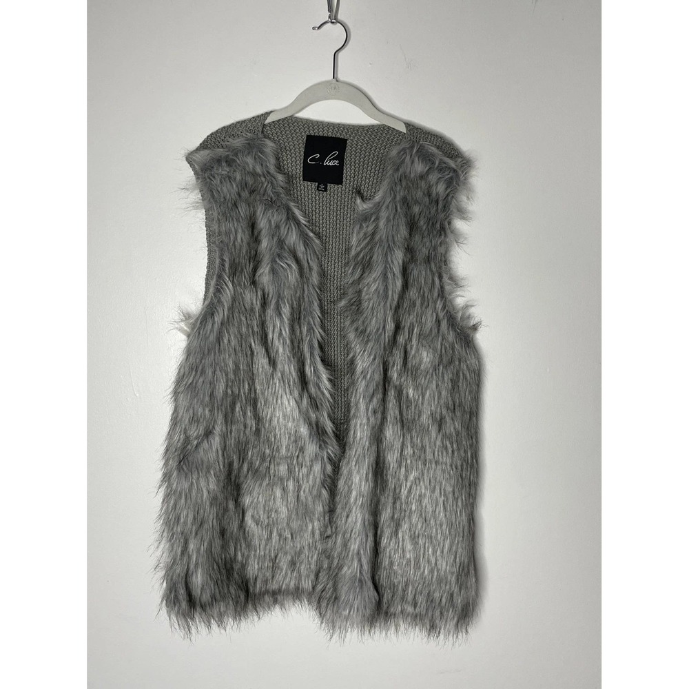 C. Luce Faux Fur Vest Womens L Gray Knit Back Open Front Boho Chic Winter Luxury
